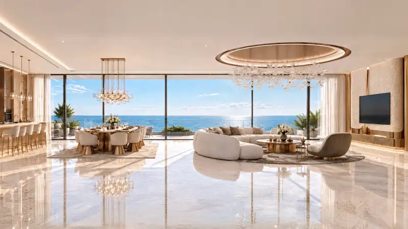 Sea-view living and dining room in a Shahrukhz residence