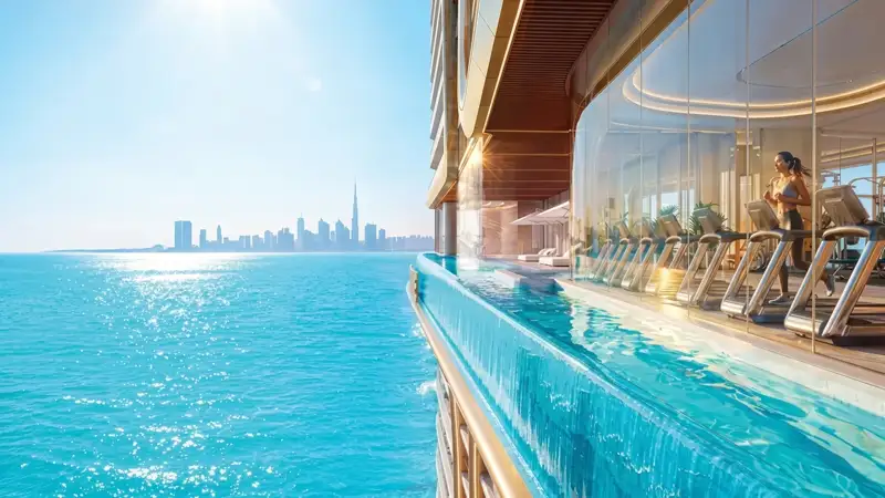 Glass-edge gym above the infinity pool