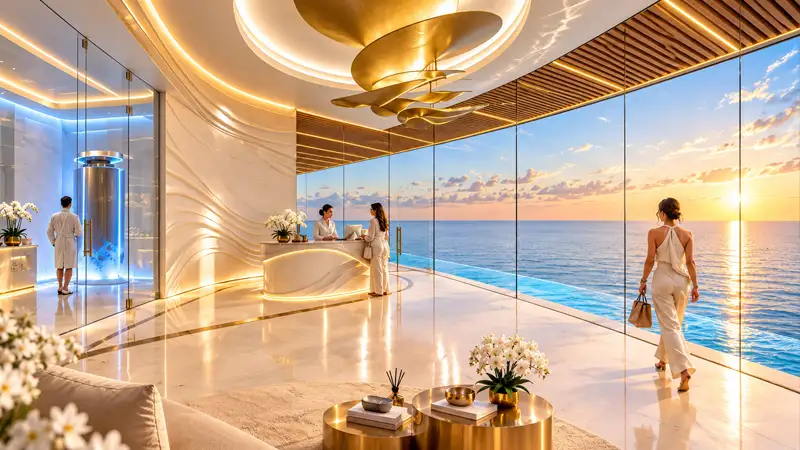 Hotel-style lobby overlooking the sea