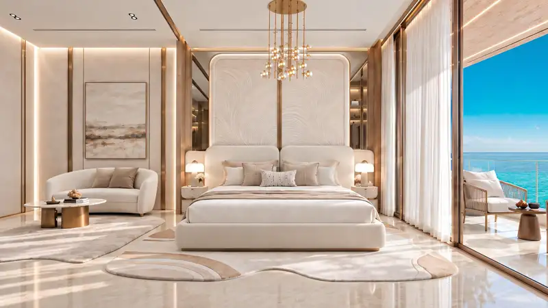 Master bedroom with floor-to-ceiling sea views